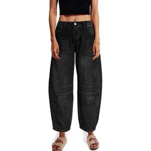 Wide Leg Barrel Black Women's Jeans - Casual High-Rise Style